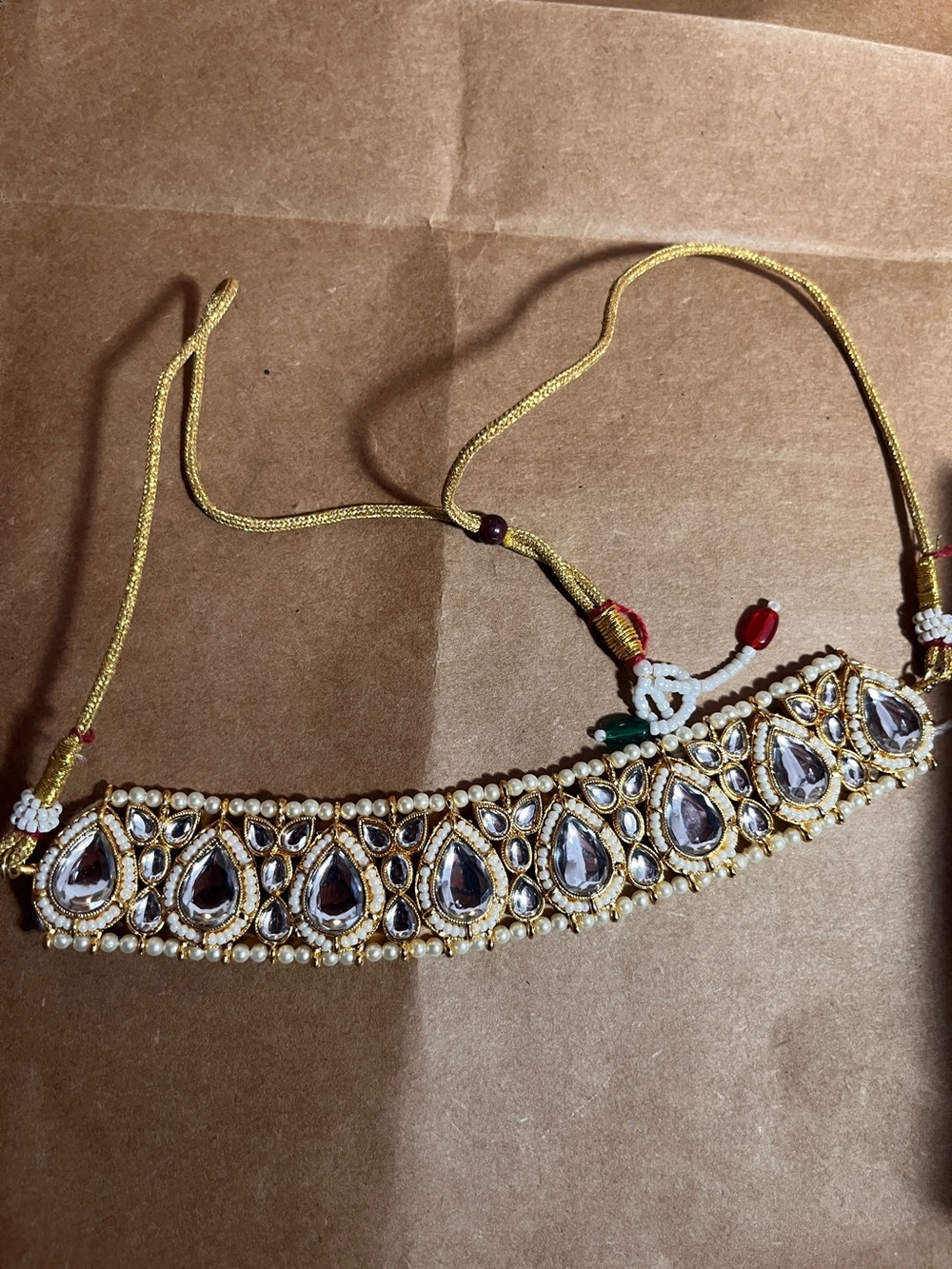 Gold-Tone Pearl & Crystal Teardrop Choker Necklace